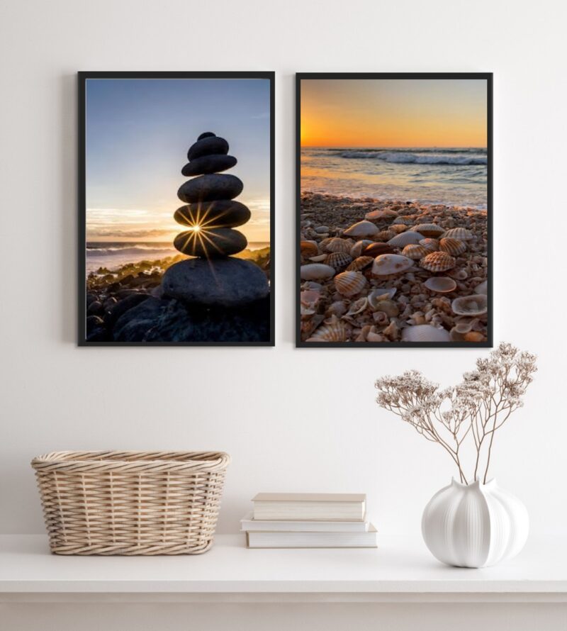 Kit 2 Quadros Decorativos Praia Pedras E Conchas