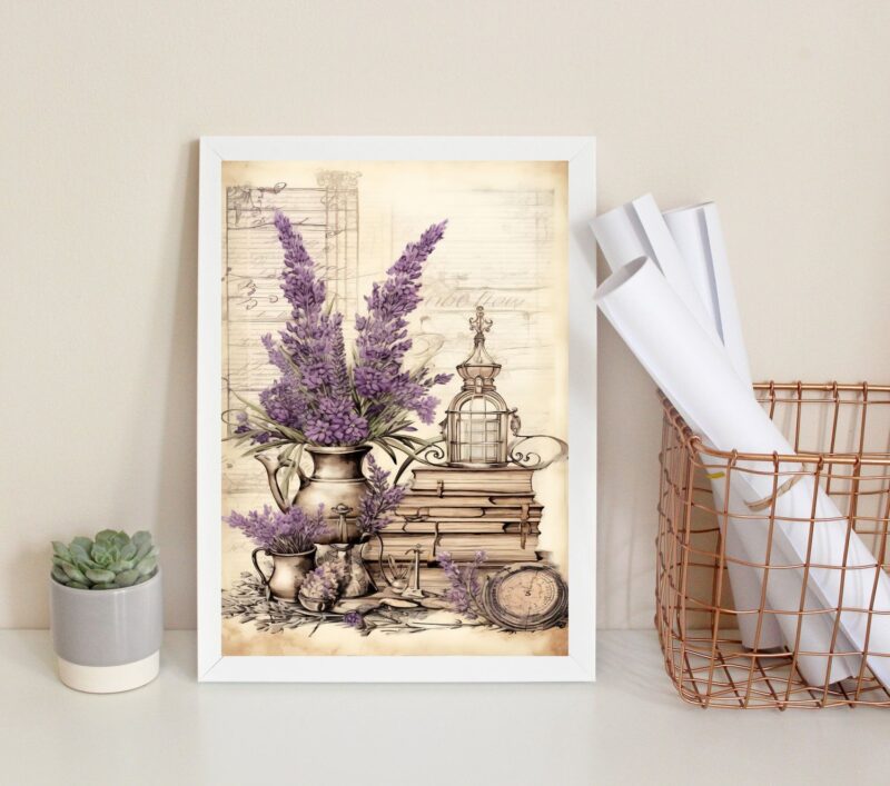 Quadro Decorativo Vintage Vaso Lavanda