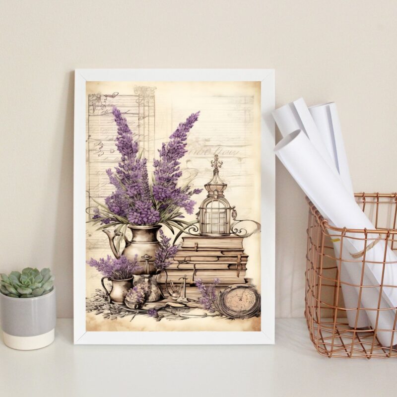 Quadro Decorativo Vintage Vaso Lavanda