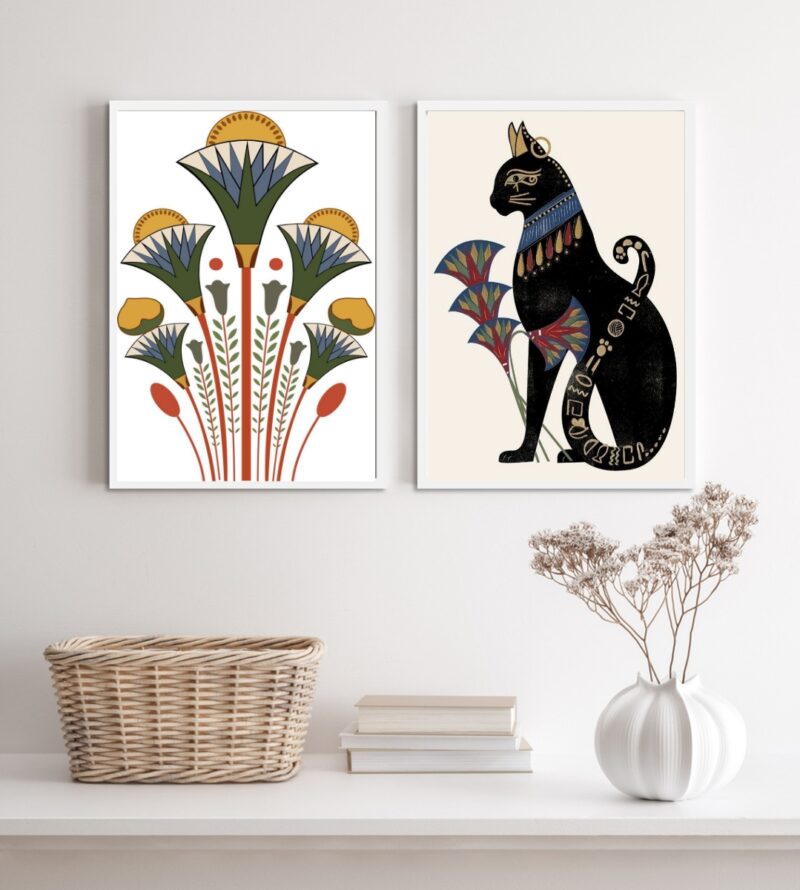 Kit 2 Quadros Egípcios Gato Bastet E Flor De Lotus