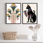 Kit 2 Quadros Egípcios Gato Bastet E Flor De Lotus