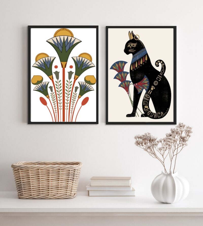 Kit 2 Quadros Egípcios Gato Bastet E Flor De Lotus