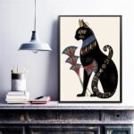 Quadro Decorativo Gato Bastet Com Flor De Lotus