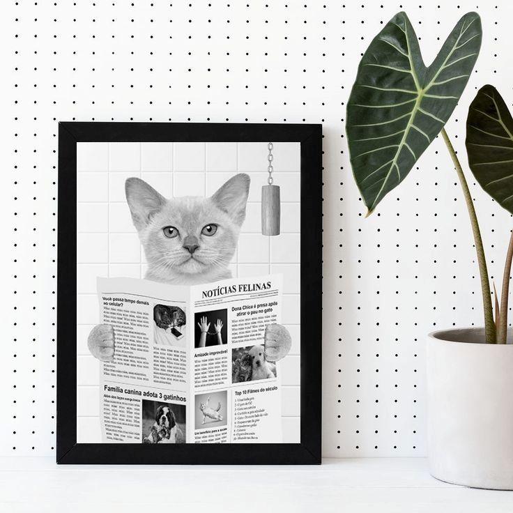 Quadro Decorativo Gato Lendo Jornal No Banheiro