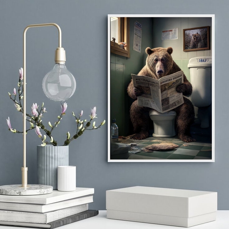 Quadro Urso No Banheiro Lendo Jornal