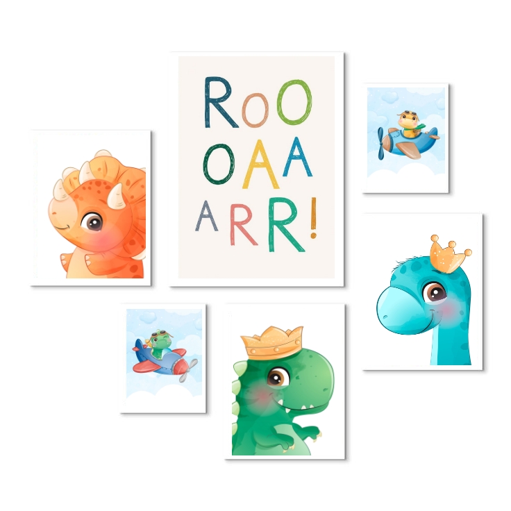 Composição 6 Quadros Quarto Infantil Dinos