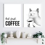 Kit 2 Quadros Café Gato - But First Coffee 60x48 Cm