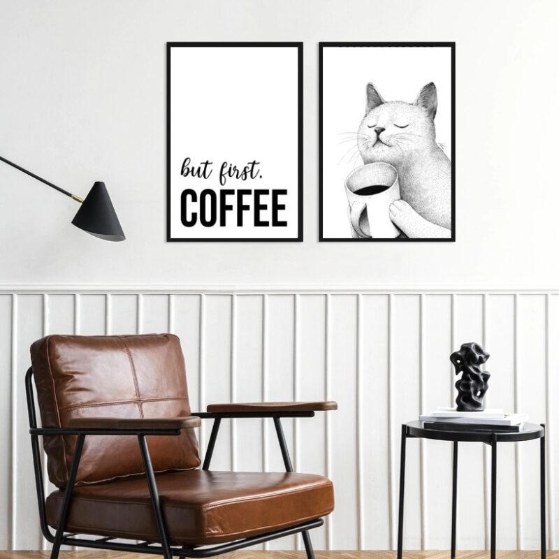 Kit 2 Quadros Café Gato - But First Coffee 60x48 Cm B