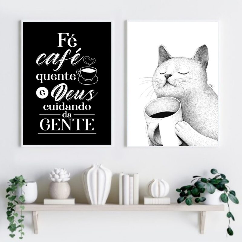 Kit 2 Quadros Gatinho Café Amor e Fé