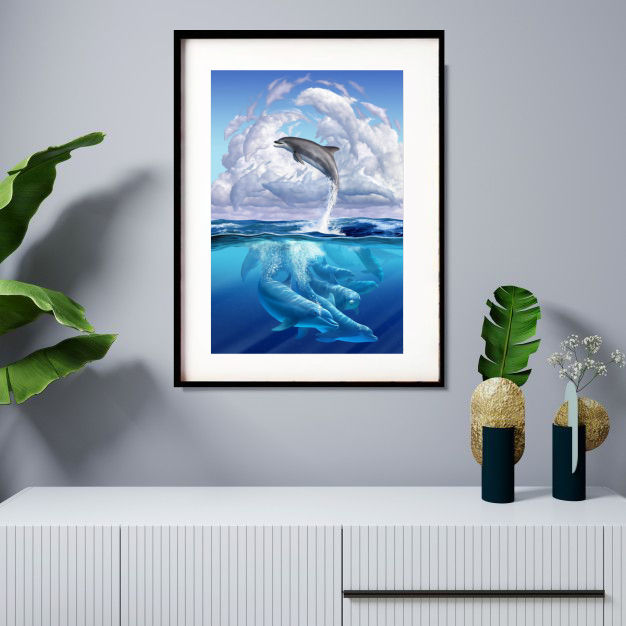 Quadro Decorativo Golfinhos Céu Azul - 60x48 Cm