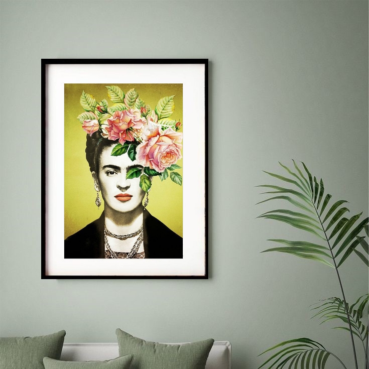 Quadro Frida Kahlo e Flores 60x48 Cm