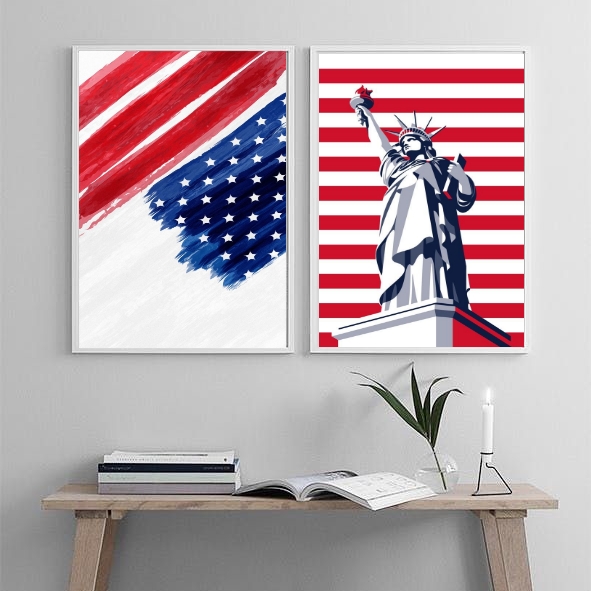 Kit 2 Quadros EUA - Bandeira e Estátua Liberdade B