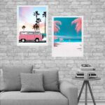 Kit 2 Quadros Praia Kombi Rosa