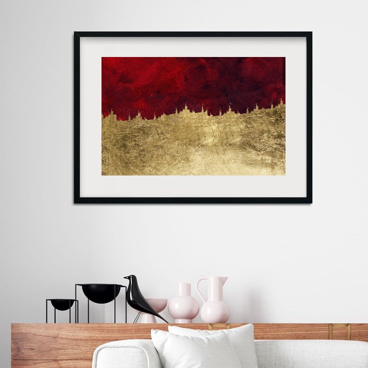 Quadro Abstrato Vermelho com Dourado - 60x48 Cm