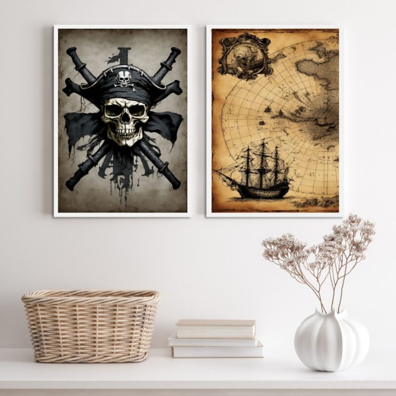 Kit 2 Quadros Decorativos Mapa Pirata B