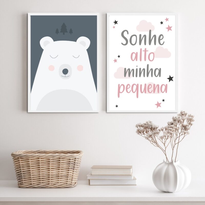 Kit 2 Quadros Quarto Bebê Urso Rosa e Cinza B