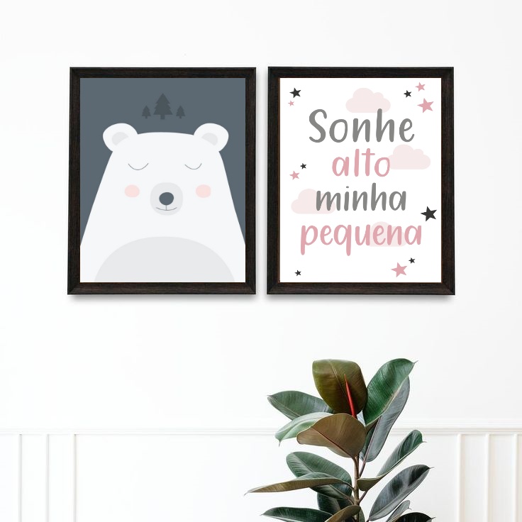 Kit 2 Quadros Quarto Bebê Urso Rosa e Cinza