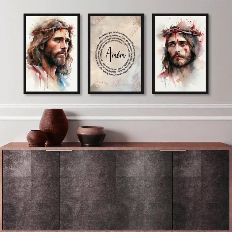 Kit 3 Quadros Aquarelas Face De Jesus - Pai Nosso