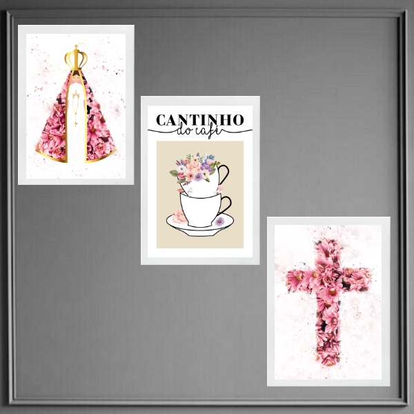 Kit 3 Quadros Cantinho Café Nossa Senhora Flores