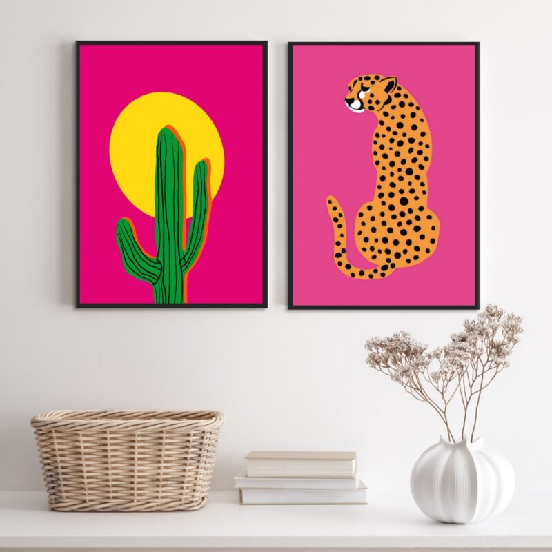 Kit 2 Quadros Rosa Pink - Leopardo e Cacto