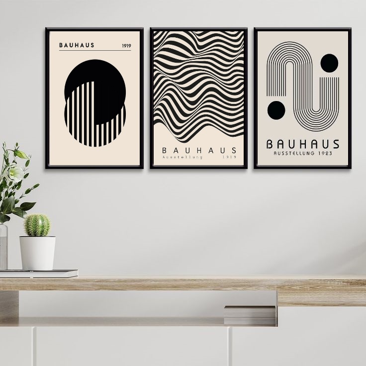 Kit 3 Quadros Arte Bauhaus - Preto e Branco