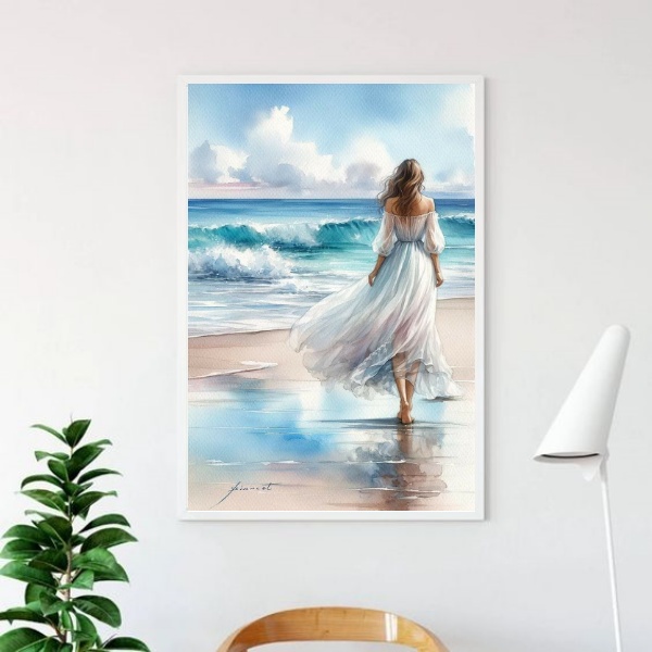 Quadro Mulher Caminhando Praia Aquarela