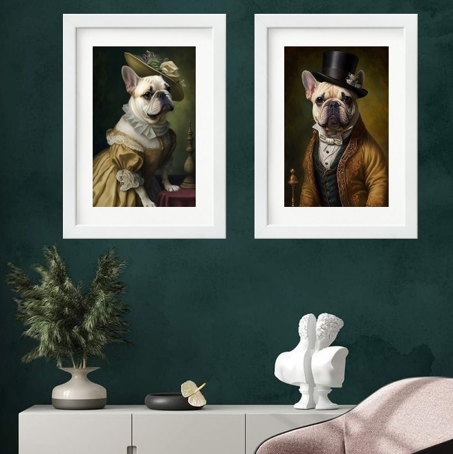 Kit 2 Quadros Casal Bulldogs Franceses - 60x48 Cm