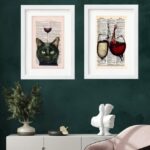 Kit 2 Quadros Gato e Vinhos - 60x48 Cm