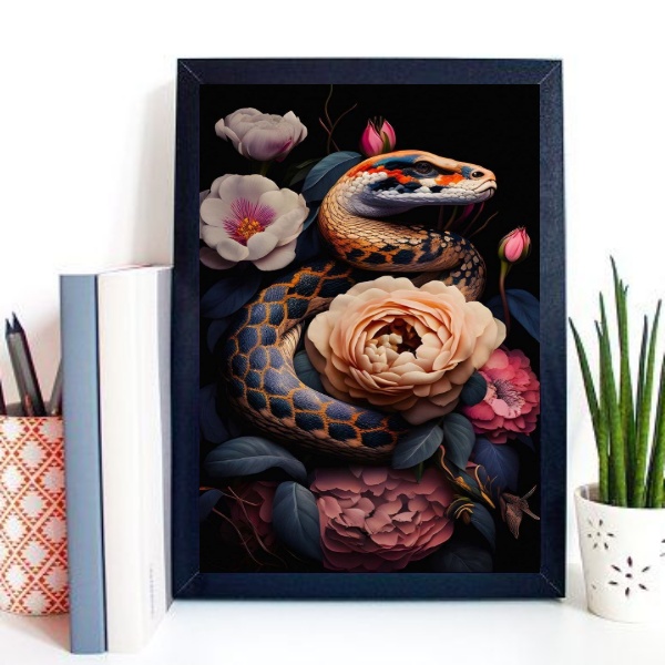 Quadro Decorativo Cobra Com Flores