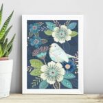 Quadro Floral Azul Com Passarinho