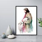 Quadro Jesus Com Cordeiros Aquarela