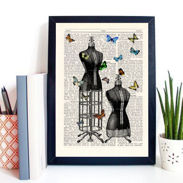 Quadro Vintage Manequins Costura Borboletas