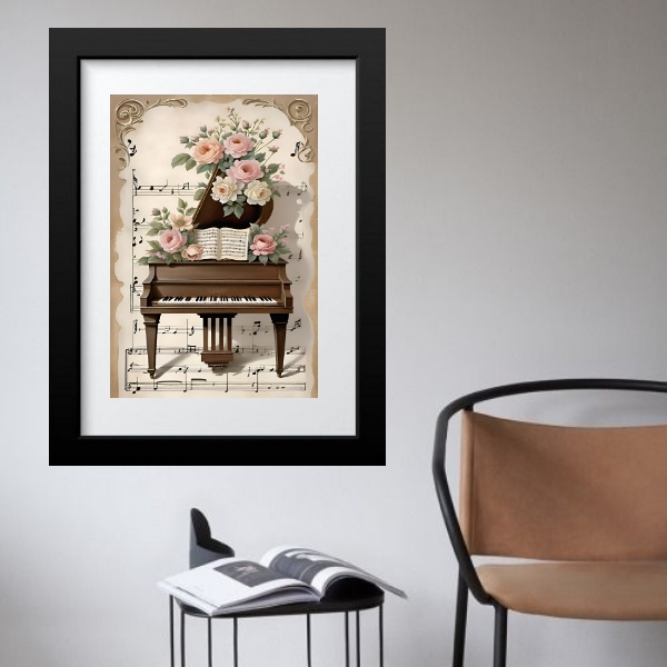 Quadro Vintage Piano Flores - 60X48 Cm