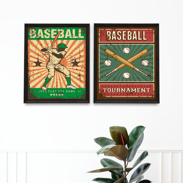 kit 2 Quadros Decorativos Baseball Retrô