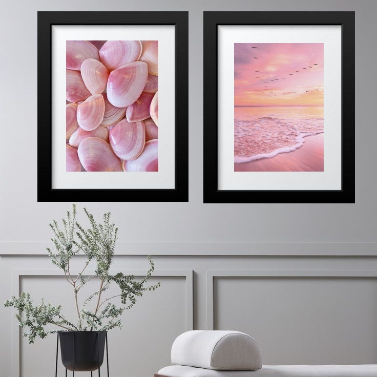 kit 2 Quadros Grandes Praia Rosa - 60x48 Cm