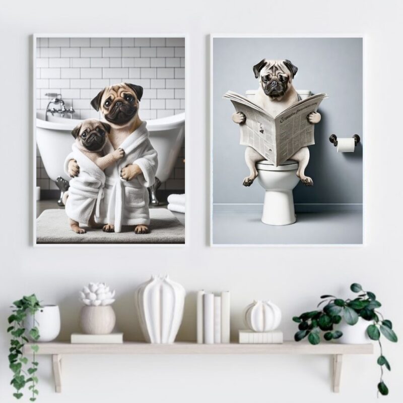 Kit 2 Quadros Divertidos Banheiro - Pugs B