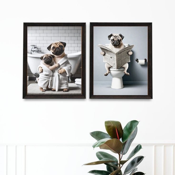 Kit 2 Quadros Divertidos Banheiro - Pugs