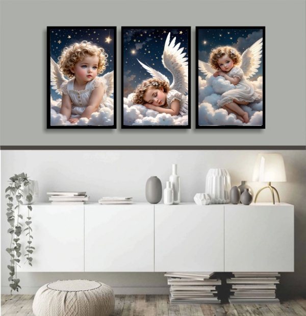 Kit 3 Quadros Decorativos Anjo Criança