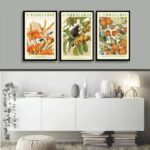 Kit 3 Quadros Passarinhos Flores e Frutos Laranja