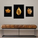 Set 3 Quadros Folhas - Preto Com Dourado