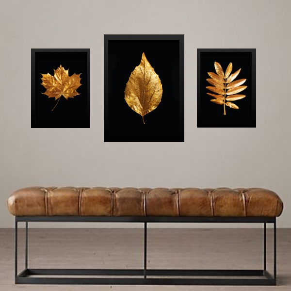 Set 3 Quadros Folhas - Preto Com Dourado