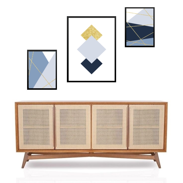 Set 3 Quadros Geométricos Azul e Dourado