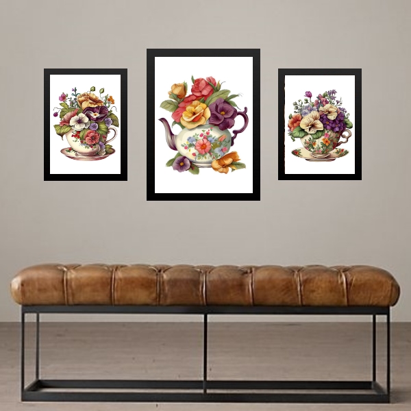 Set 3 Quadros Vintage Café Com Flores