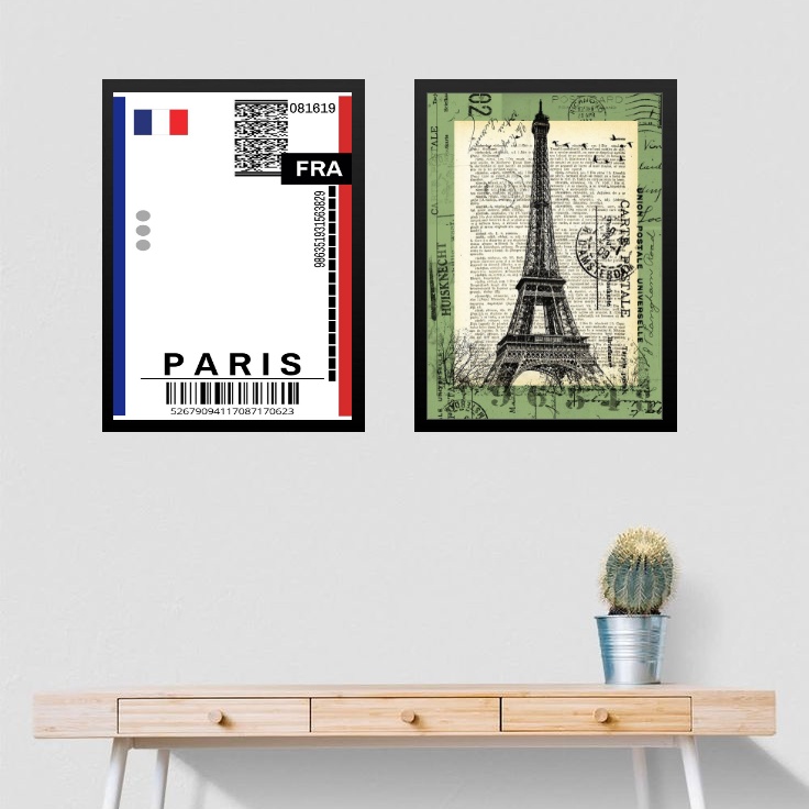 Kit 2 Quadros Passagem Para Paris