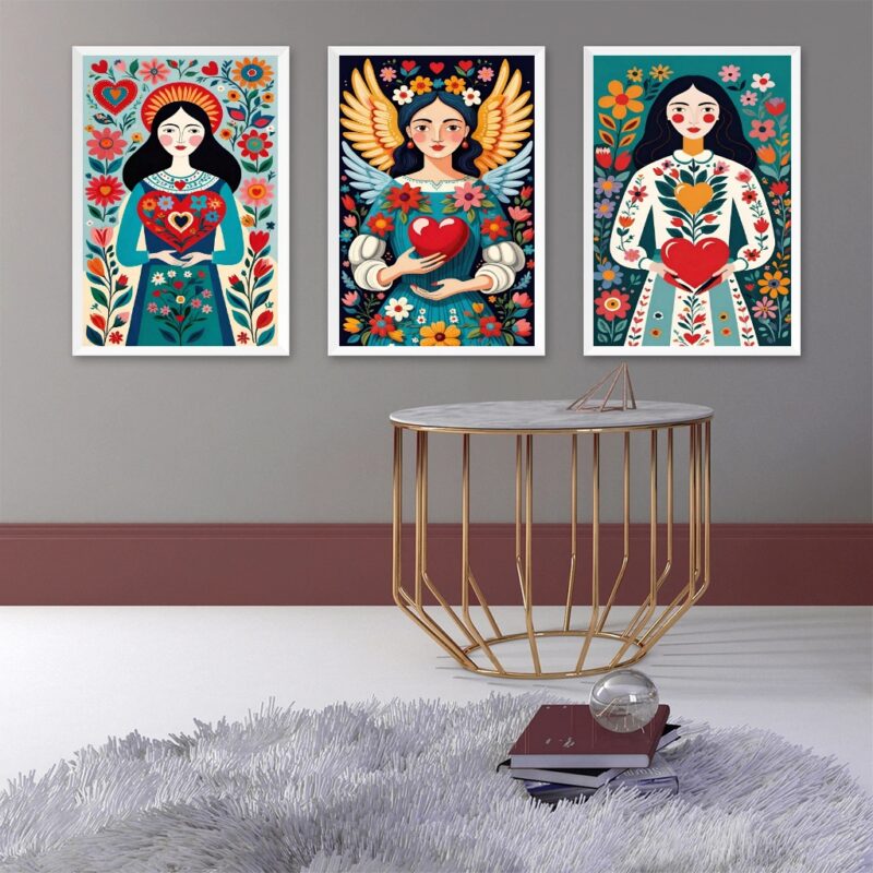 Kit 3 Quadros Folk Art - Mulheres Coração B