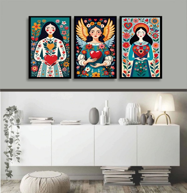 Kit 3 Quadros Folk Art - Mulheres Coração