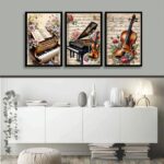 Kit 3 Quadros Piano e Violino Vintage - Flores