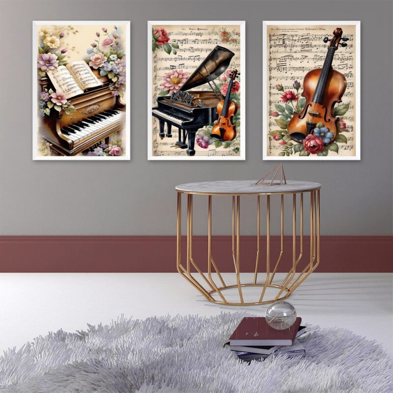 Kit 3 Quadros Piano e Violino Vintage - Flores B