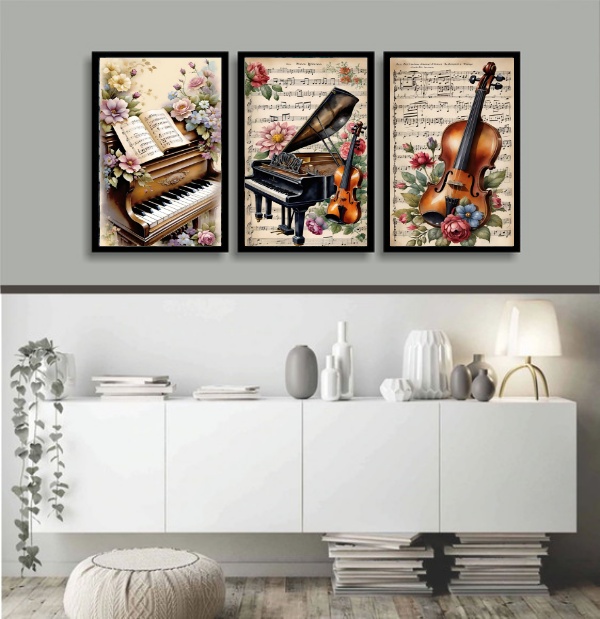 Kit 3 Quadros Piano e Violino Vintage - Flores