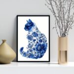 Quadro Arte Gato Floral Azul